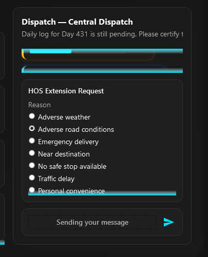 Dispatch central thread showing more-hours request context and extension-related actions