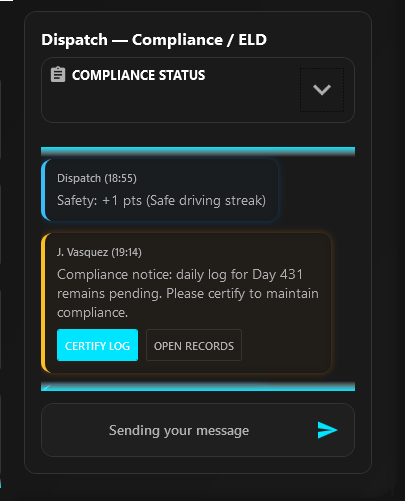 Dispatch compliance card showing HOS compact values, DVIR status, risk level, and compliance panel link