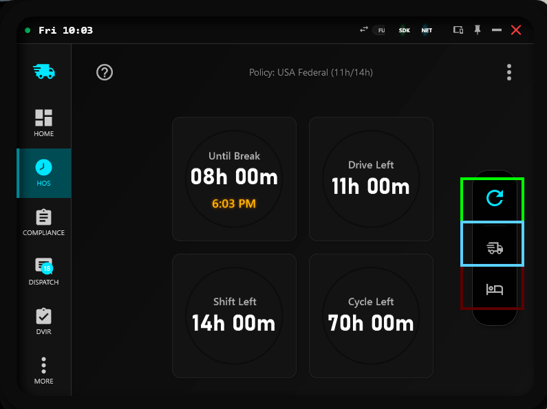 SimDuty HOS dashboard with highlighted controls while vehicle is moving