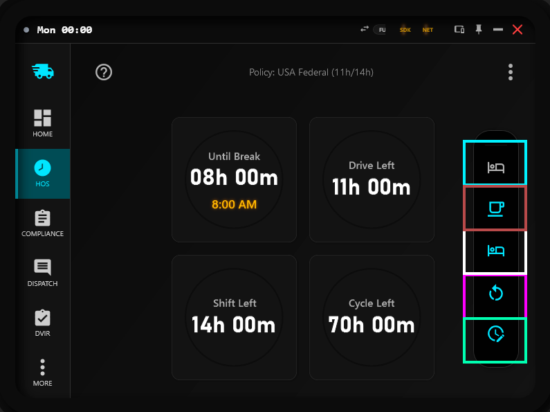 SimDuty HOS dashboard with highlighted controls while vehicle is stopped