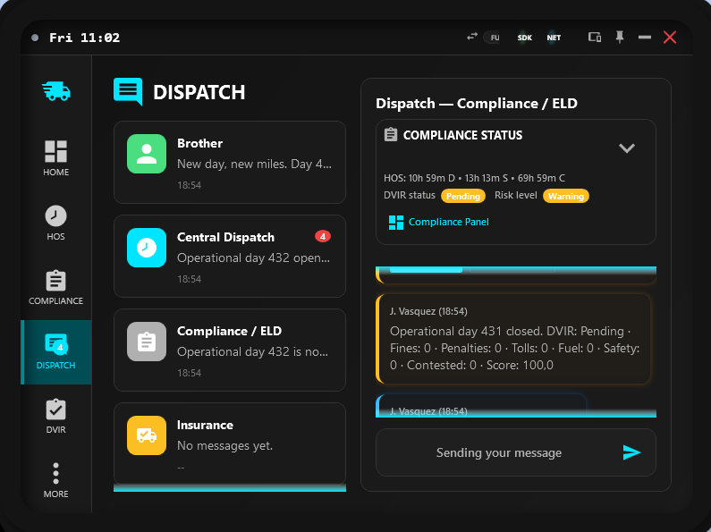 Dispatch view showing the Compliance and ELD card with HOS remaining, DVIR pending status, risk level, and Compliance Panel action