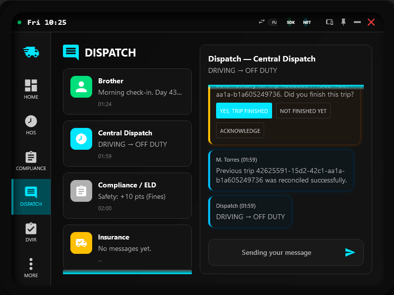 Full edition Dispatch view showing HOS extension request flow in dispatch chat context