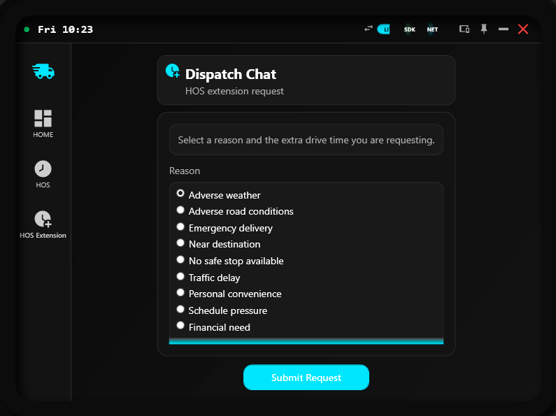 Lite edition HOS extension screen showing reason selection and submit request action