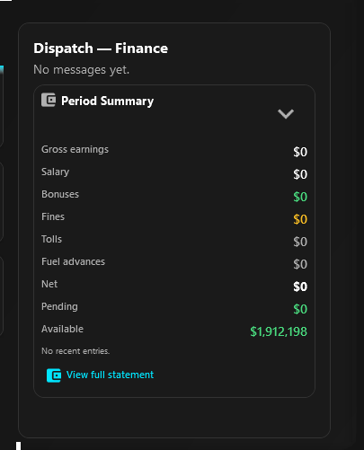 Dispatch finance summary card showing gross, fines, pending values and statement action