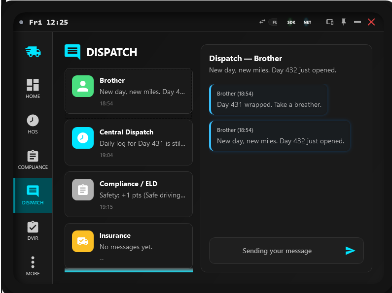 Dispatch hub showing persona roster on the left, active Brother thread on the right, and message input at the bottom