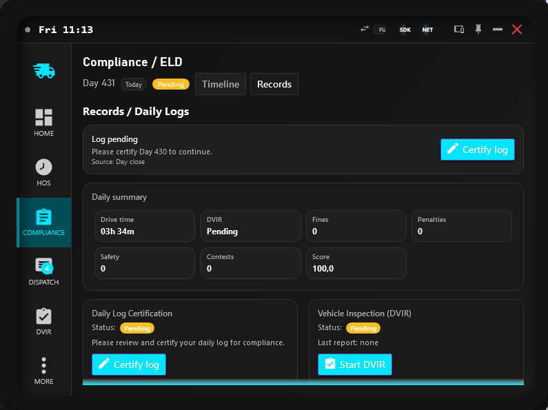 Compliance Records tab showing pending daily log certification, daily summary metrics, and DVIR action card
