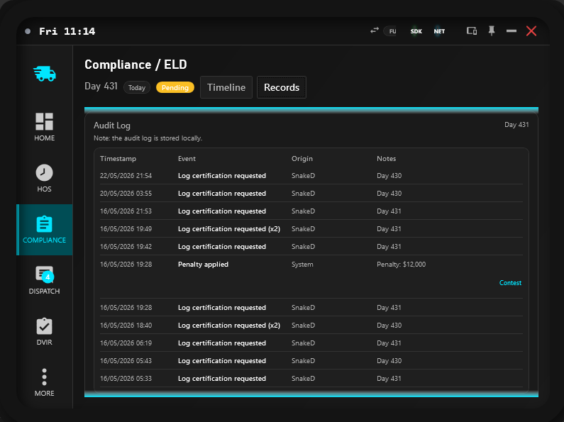 Compliance Audit Log table showing timestamped events, origins, notes, and contest action