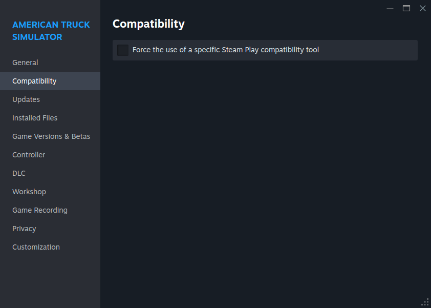 ATS properties compatibility tab with Steam Play compatibility checkbox not selected