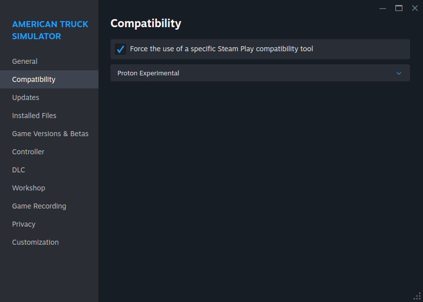 ATS compatibility tab with Force Steam Play tool enabled and Proton Experimental selected
