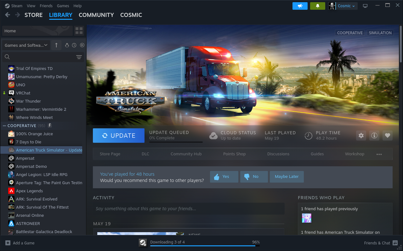 Steam library showing ATS update queued after enabling Proton Experimental