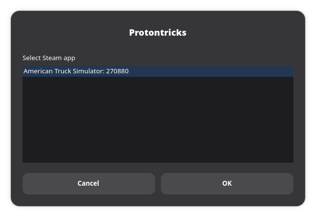 Protontricks app selection window with American Truck Simulator prefix selected