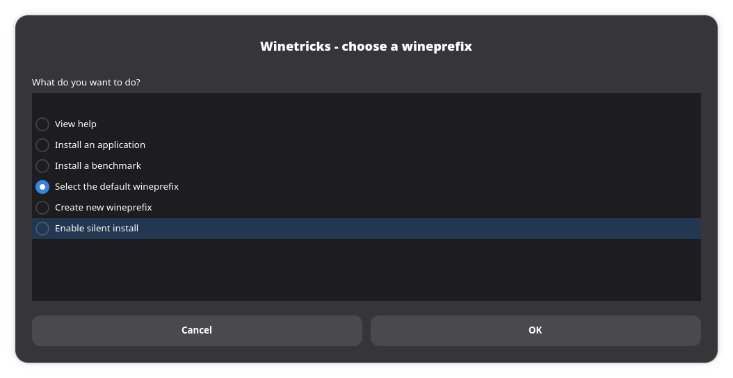 Winetricks prefix options with Select the default wineprefix enabled