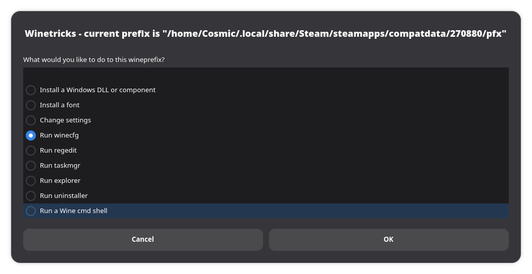 Winetricks current prefix window with Run winecfg selected for ATS Proton prefix