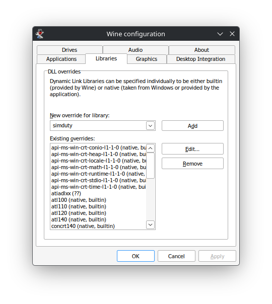 Wine configuration Libraries tab adding simduty as a new DLL override