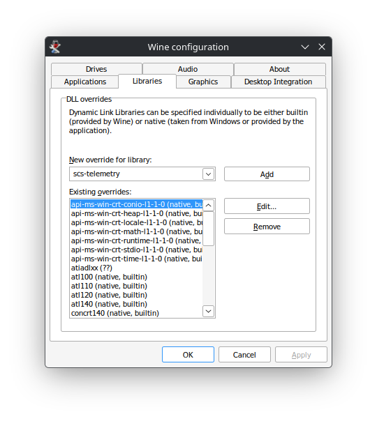 Wine configuration Libraries tab adding scs-telemetry as a new DLL override