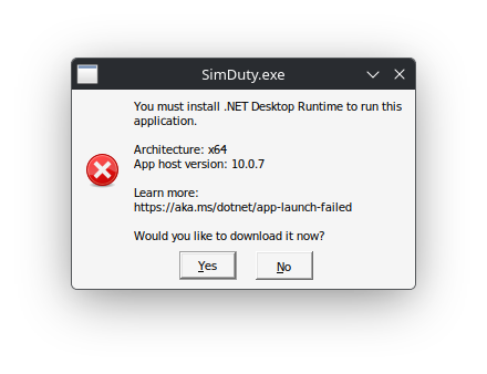 SimDuty executable prompt asking to install .NET Desktop Runtime for x64