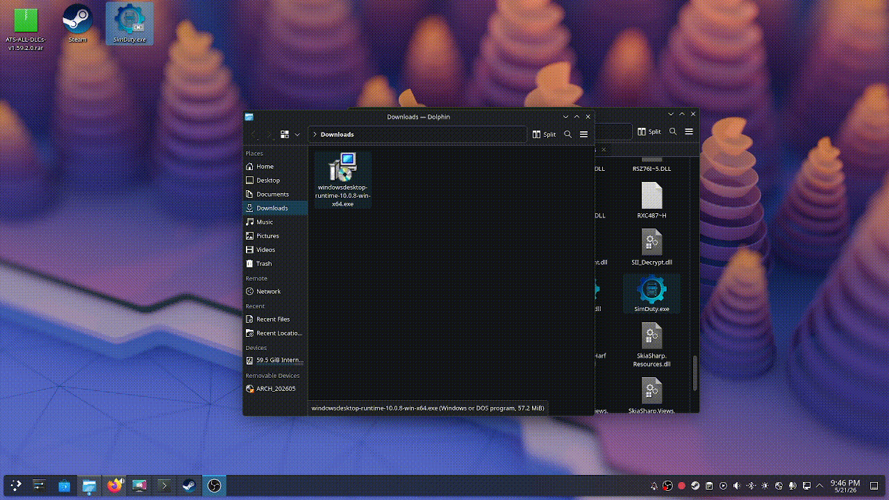 Linux desktop showing downloaded .NET runtime installer and SimDuty executable in preparation for installation