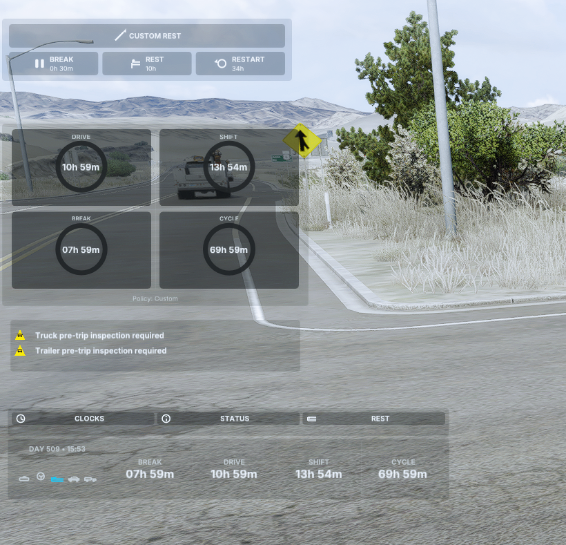Game view with REST Deck choices, DRIVE, SHIFT, BREAK and CYCLE gauges, Compact CLOCKS, STATUS and REST, and truck and trailer pre-trip inspection reminders