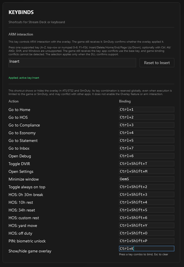 Keybind settings showing Insert for ARM interaction and a focused show or hide binding field containing Ctrl plus K